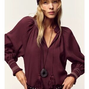 NWT Zara Embroider Tassel Burgundy  Women's Shirt